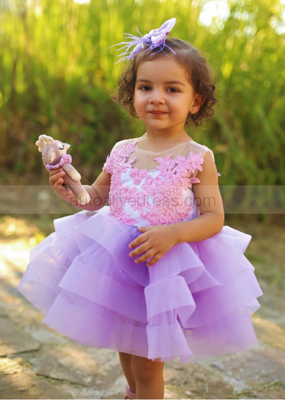 Lavender Pearl Embellished Lace Tulle Flower Girl Dress